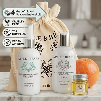 Apple &amp; Bears Grapefruit and Seaweed Travel Set - Cruelty Free, TSA Compliant and Vegan Approved - 100ml Body Lotion, Body Wash and Grapefruit Seaweed Oil in eco cotton drawstring bag