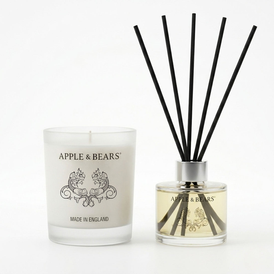 Apple &amp; Bears Lavender Sleep Sanctuary Home Gift Set featuring a luxury 220g soy wax candle and 125ml reed diffuser with black rattan reeds, presented on a clean white background.