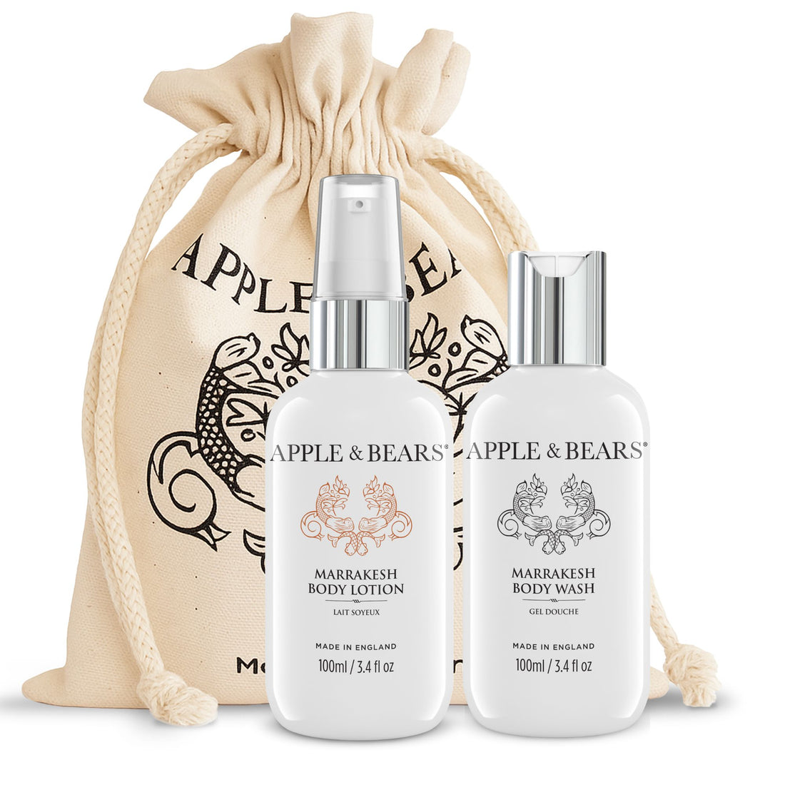 Apple & Bears Marrakesh Body Wash and Body Lotion travel gift set, 100ml/3.4 fl oz, presented in an eco cotton biodegradable drawstring bag, Made in England.