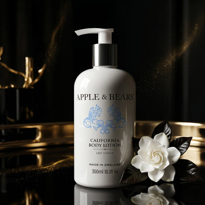 Apple and Bears California Body Lotion 300ml dark luxury editorial with white gardenia and gold accents made in England