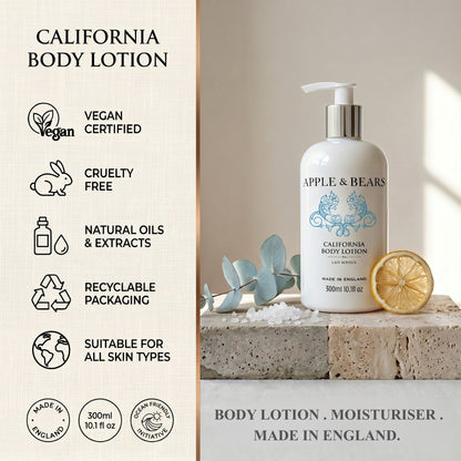 Apple and Bears California Body Lotion 300ml infographic vegan cruelty free natural oils recyclable made in England
