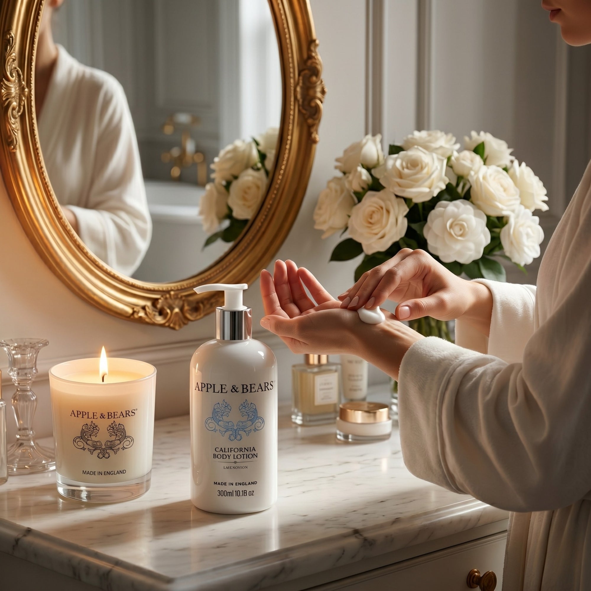 Apple and Bears California Body Lotion 300ml hands applying lotion at gold vanity dressing table with white roses and candle made in England