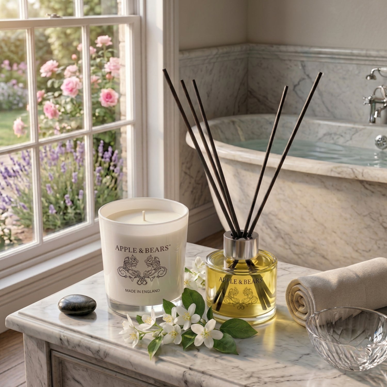 Apple &amp; Bears Jasmine Home Fragrance Gift Set with Soy Wax Candle and Reed Diffuser on a marble bathroom surface with fresh jasmine flowers, hot stone and English rose and lavender garden views, Made in England