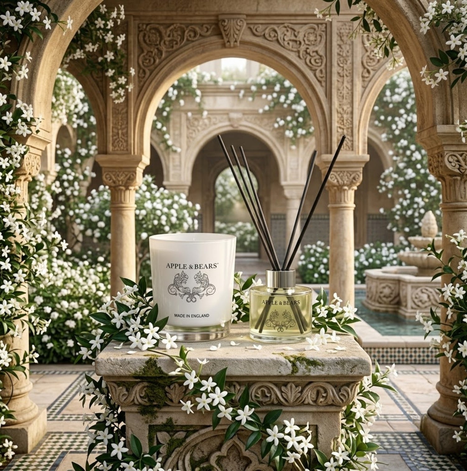 Apple &amp; Bears Jasmine Home Fragrance Gift Set with Soy Wax Candle and Reed Diffuser on an ornate stone plinth surrounded by cascading white jasmine flowers in a Moorish courtyard garden with stone arches and fountain, Made in England