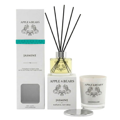 Apple &amp; Bears Jasmine Home Fragrance Gift Set with 125ml Reed Diffuser with natural rattan sticks and Jasmine Natural Soy Wax Candle with gift boxes, Made in England