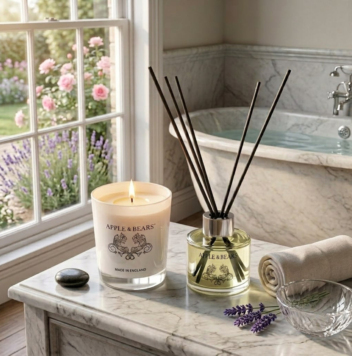 Apple &amp; Bears Lavender Home Fragrance Gift Set with Soy Wax Candle burning and Reed Diffuser on a marble bathroom table with luxury spa bath, lavender sprigs and English rose garden views, Made in England