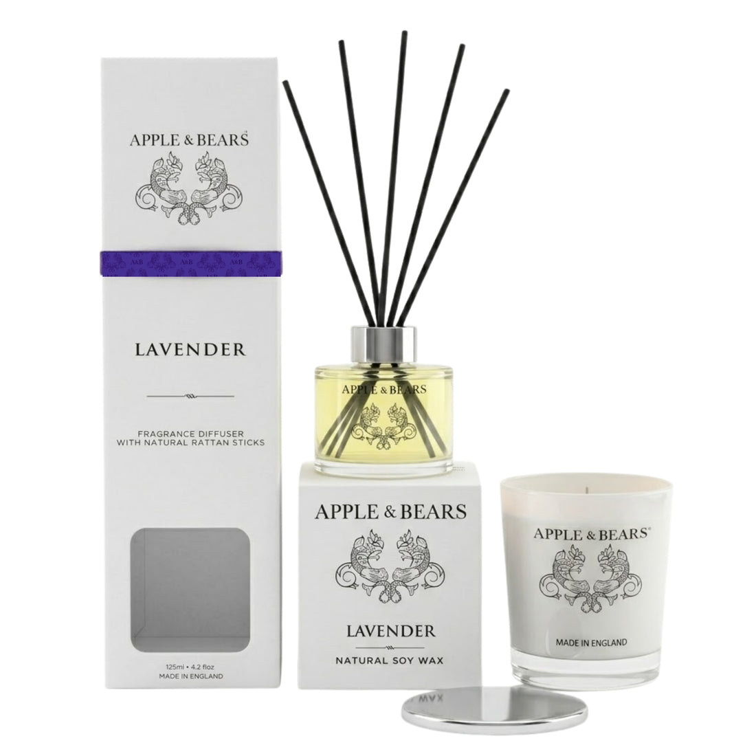 Apple &amp; Bears Lavender Home Fragrance Gift Set with 125ml Reed Diffuser and Natural Soy Wax Candle with gift boxes, Made in England