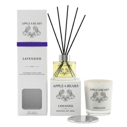 Apple &amp; Bears Lavender Home Fragrance Gift Set with 125ml Reed Diffuser and Natural Soy Wax Candle with gift boxes, Made in England