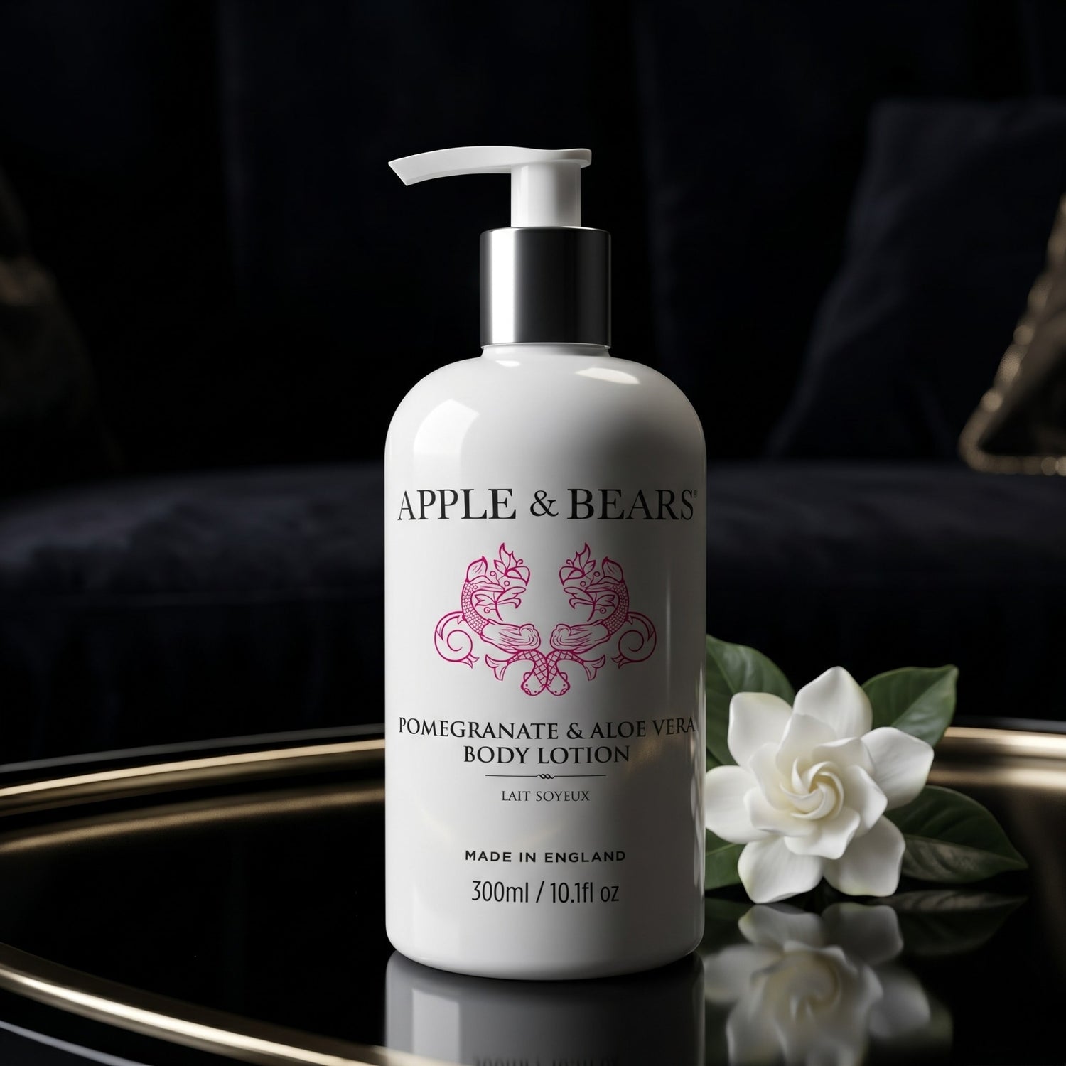 Apple and Bears Pomegranate and Aloe Vera Body Lotion 300ml luxury dark background editorial lifestyle made in England