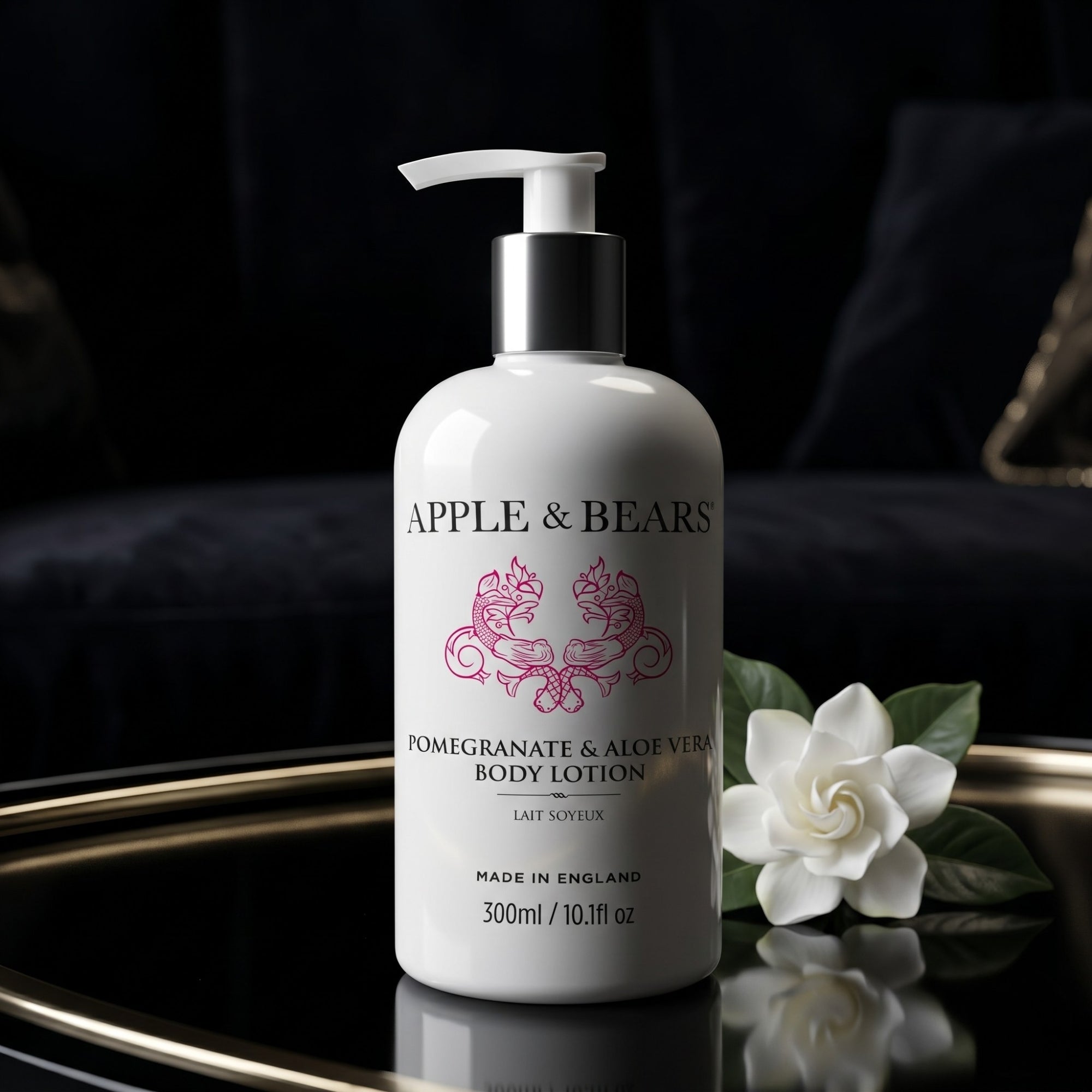Apple and Bears Pomegranate and Aloe Vera Body Lotion 300ml luxury dark background editorial lifestyle made in England