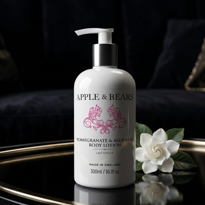 Apple and Bears Pomegranate and Aloe Vera Body Lotion 300ml luxury dark background editorial lifestyle made in England