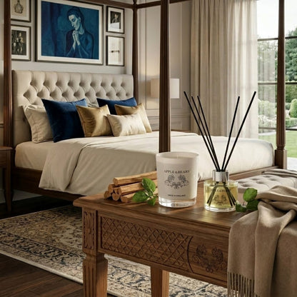 Apple &amp; Bears Sandalwood &amp; Pepper Home Fragrance Gift Set with Soy Wax Candle and Reed Diffuser on a carved oak bedside table with sandalwood sticks and fresh pepper leaves in a grand luxury bedroom with four poster bed, navy velvet cushions, Persian rug and English garden views, Made in England