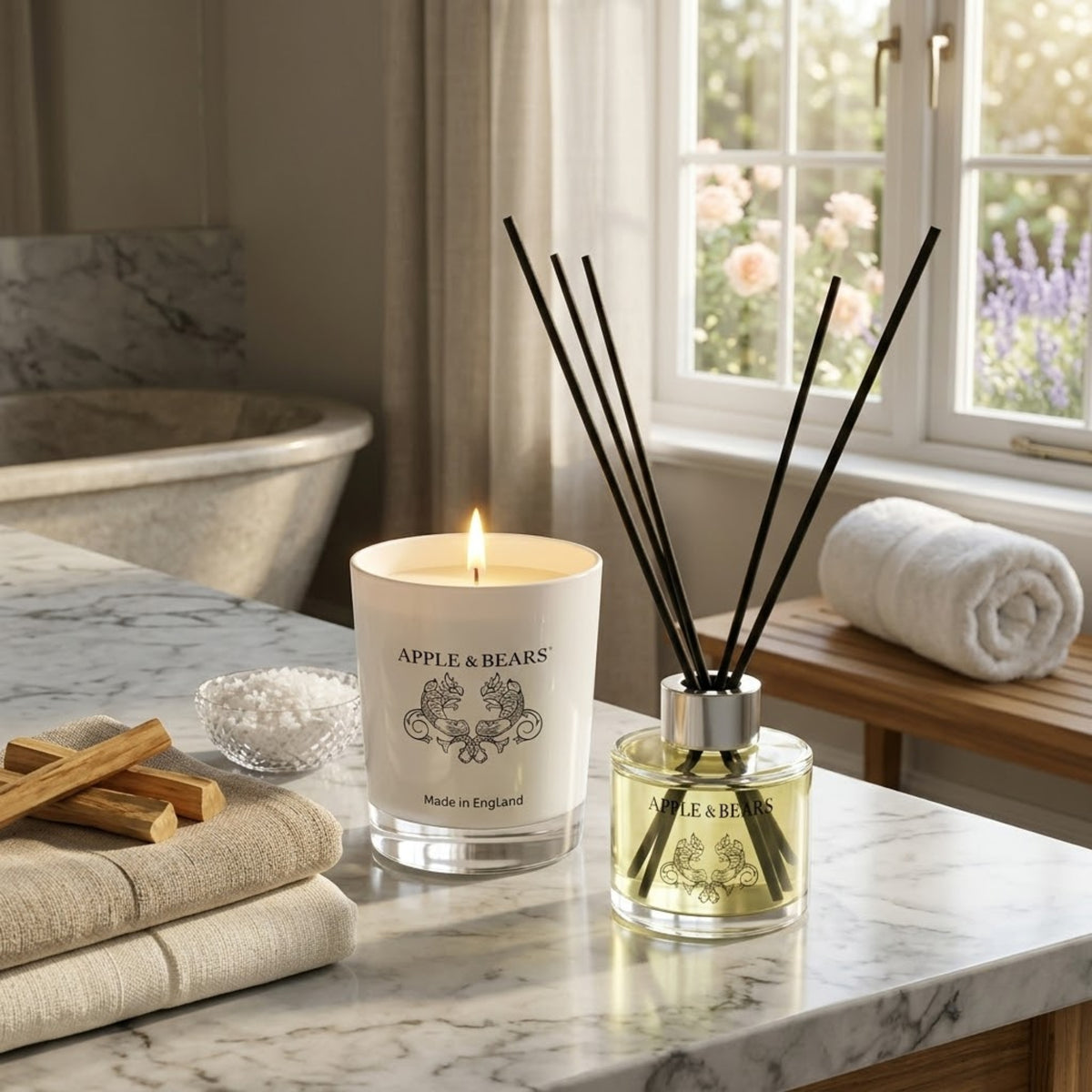 Apple &amp; Bears Sandalwood &amp; Pepper Home Fragrance Gift Set with Soy Wax Candle burning and Reed Diffuser on a marble spa bathroom surface with sandalwood sticks, bath salts, rolled white towel and English rose and lavender garden views through a sash window, Made in England
