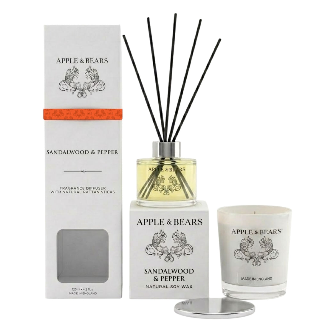 Apple &amp; Bears Sandalwood &amp; Pepper Home Fragrance Gift Set with 125ml Reed Diffuser with natural rattan sticks and Natural Soy Wax Candle with gift boxes, Made in England