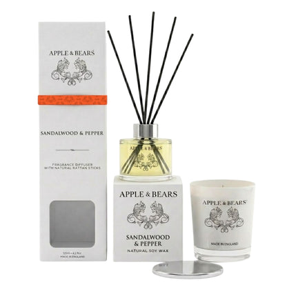 Apple &amp; Bears Sandalwood &amp; Pepper Home Fragrance Gift Set with 125ml Reed Diffuser with natural rattan sticks and Natural Soy Wax Candle with gift boxes, Made in England