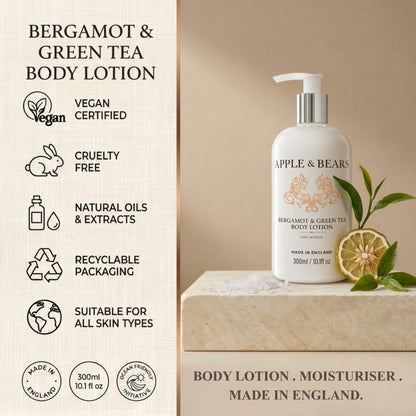 Apple &amp; Bears Bergamot &amp; Green Tea Body Lotion 300ml – Vegan Certified, Cruelty Free, Natural Oils &amp; Extracts, Recyclable Packaging, Suitable for All Skin Types, Made in England
