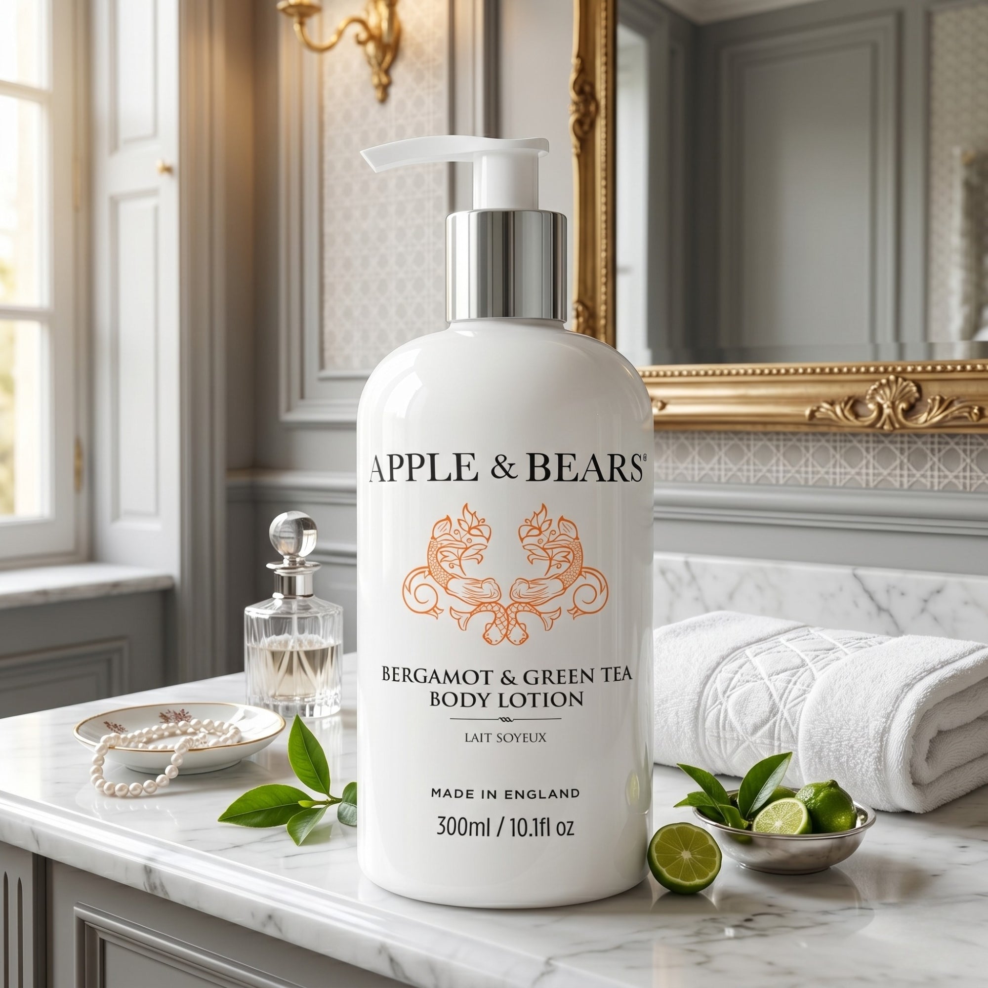 Apple &amp; Bears Bergamot &amp; Green Tea Body Lotion 300ml on a bedside table with pearls and gold jewellery tray in a luxury bedroom
