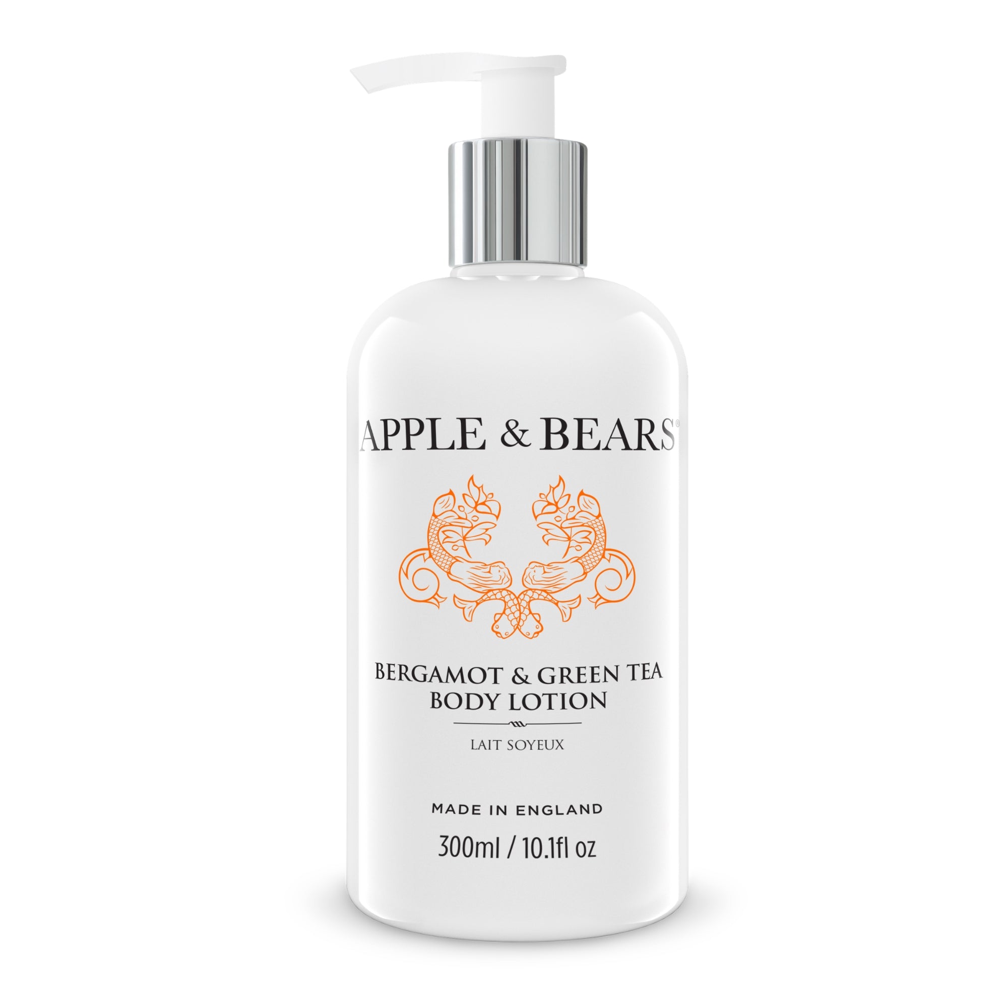 Apple &amp; Bears Bergamot &amp; Green Tea Body Lotion 300ml – Made in England, natural body lotion on marble with green tea leaves and bergamot
