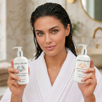 Apple &amp; Bears Bergamot &amp; Green Tea body wash and lotion woman in robe lifestyle
