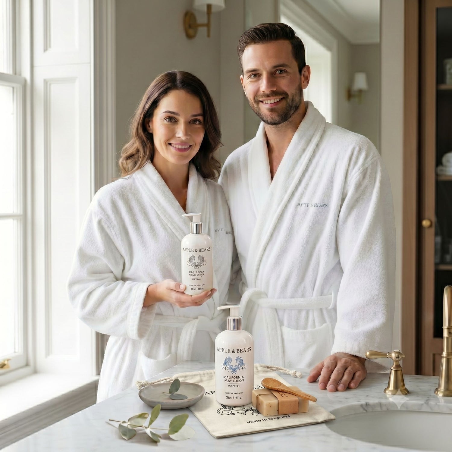 Apple &amp; Bears California body care gift set couple lifestyle with gift bag
