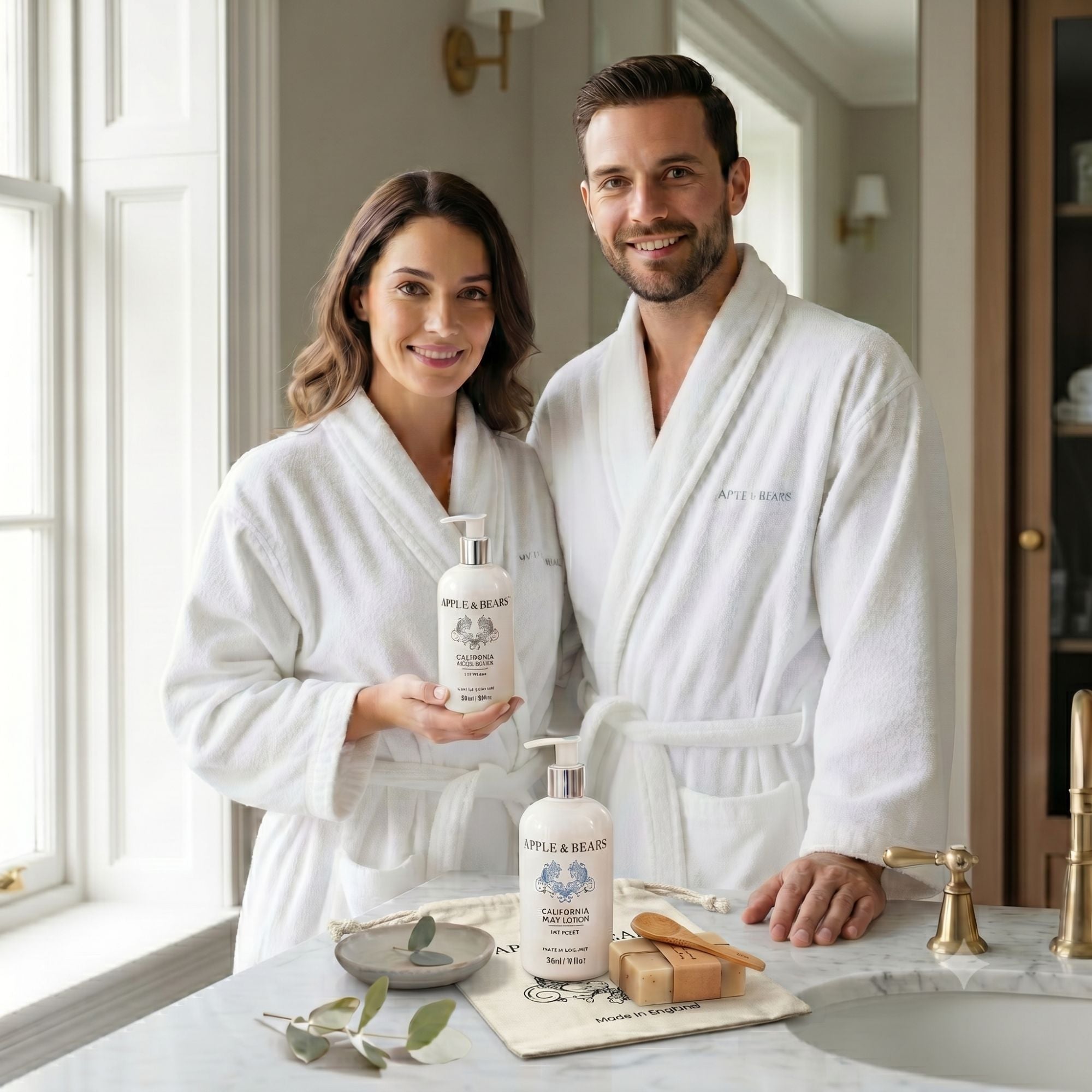 Apple &amp; Bears California body care gift set couple lifestyle with gift bag
