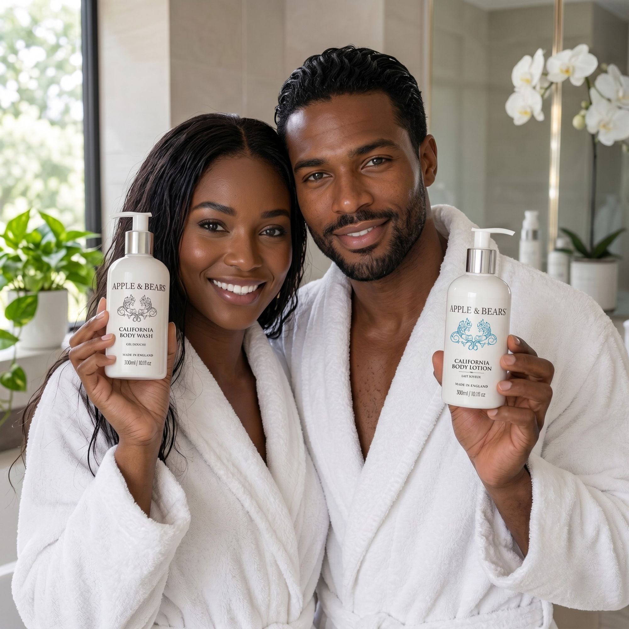 Apple &amp; Bears California body wash and lotion couple in robes lifestyle
