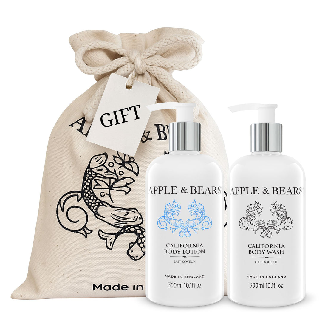 Apple &amp; Bears California Luxury Body Care Gift Set with eco cotton drawstring bag
