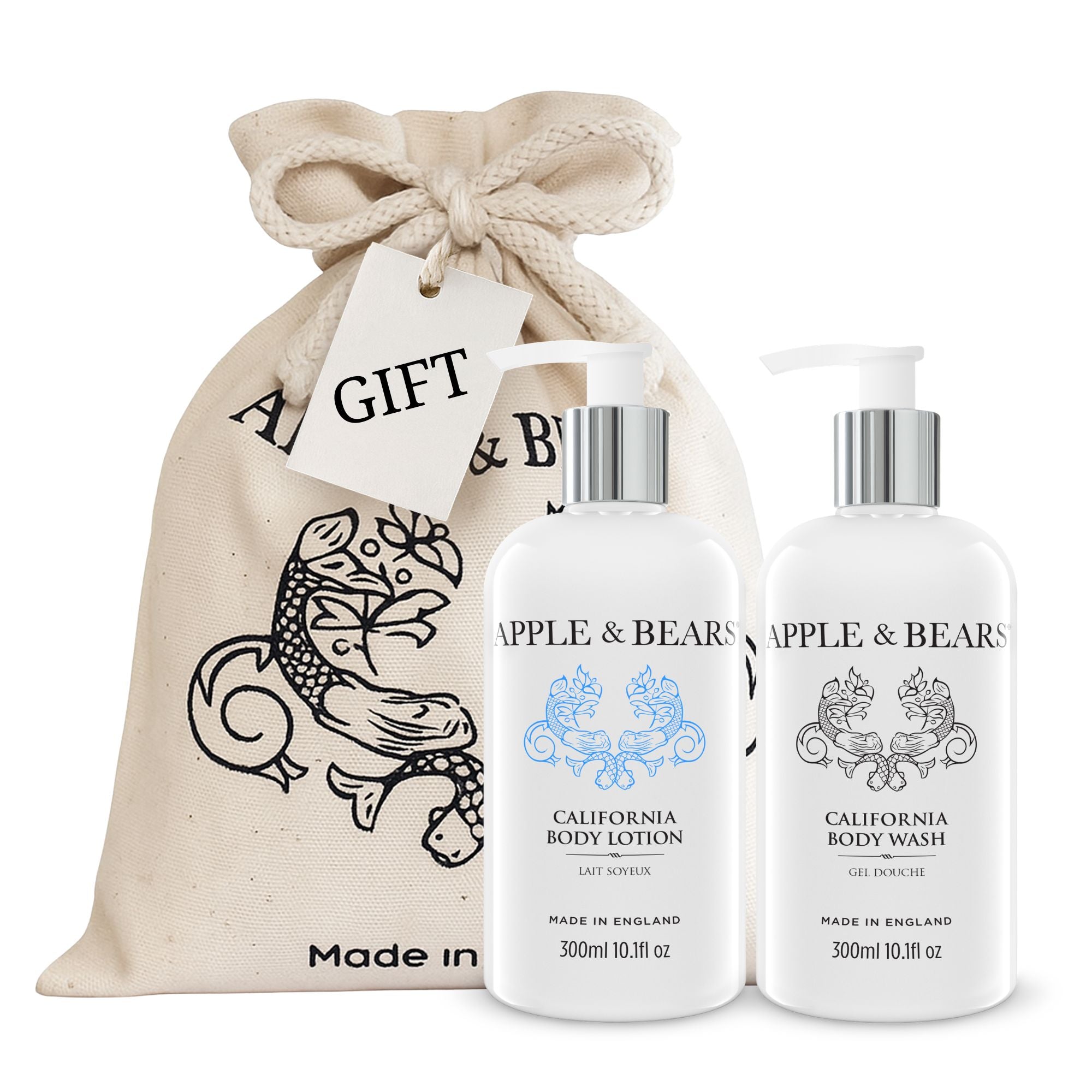 Apple &amp; Bears California Luxury Body Care Gift Set with eco cotton drawstring bag

