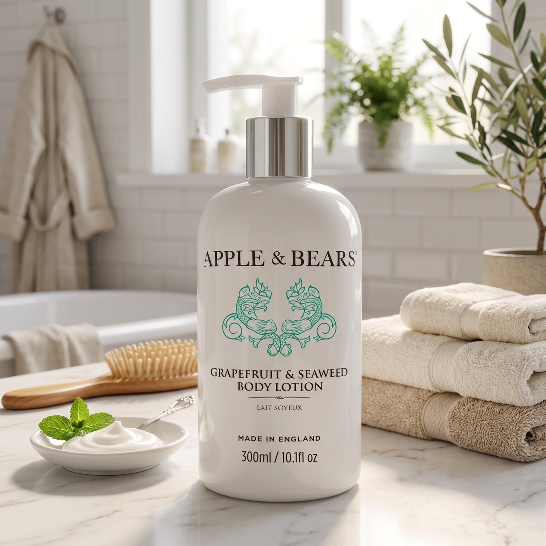 Apple &amp; Bears Grapefruit &amp; Seaweed Body Lotion 300ml pump bottle on marble bathroom counter with folded towels, olive tree and cream dish