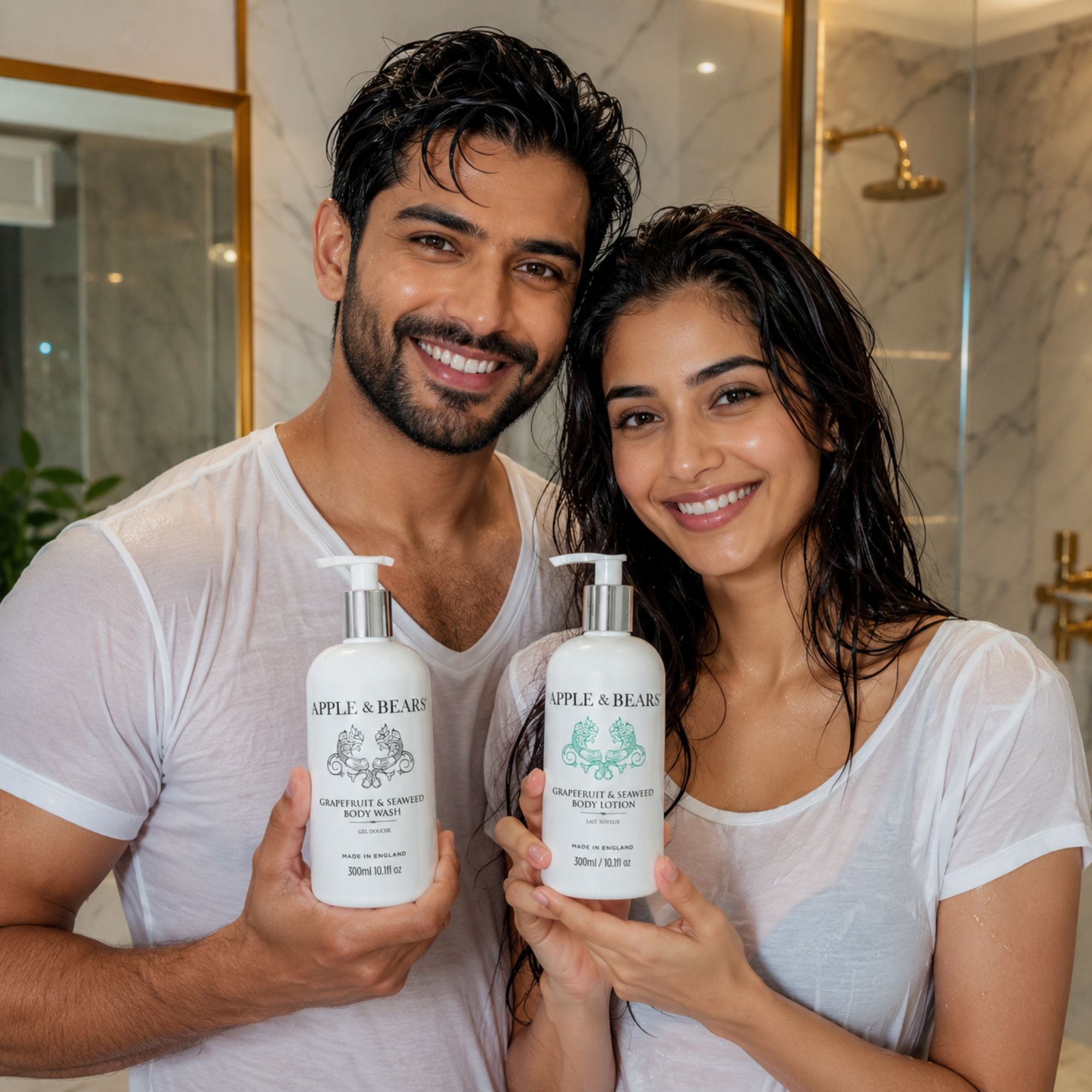 Apple &amp; Bears Grapefruit &amp; Seaweed body wash and lotion couple bathroom lifestyle
