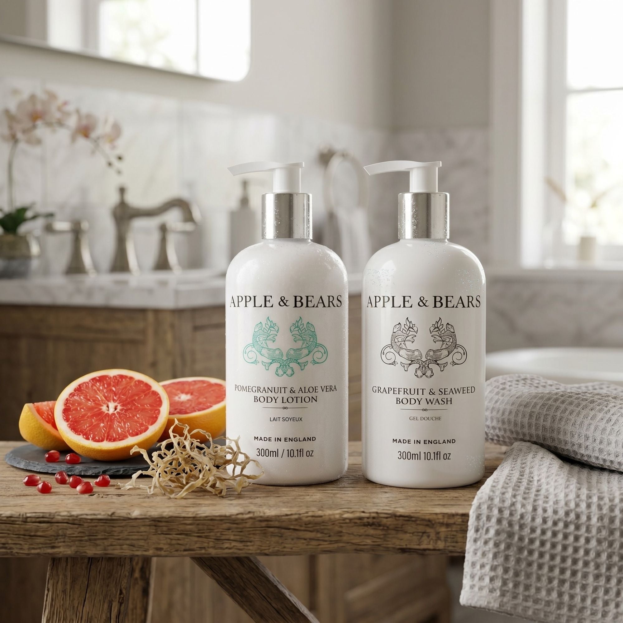Apple &amp; Bears Grapefruit &amp; Seaweed body wash and lotion rustic lifestyle
