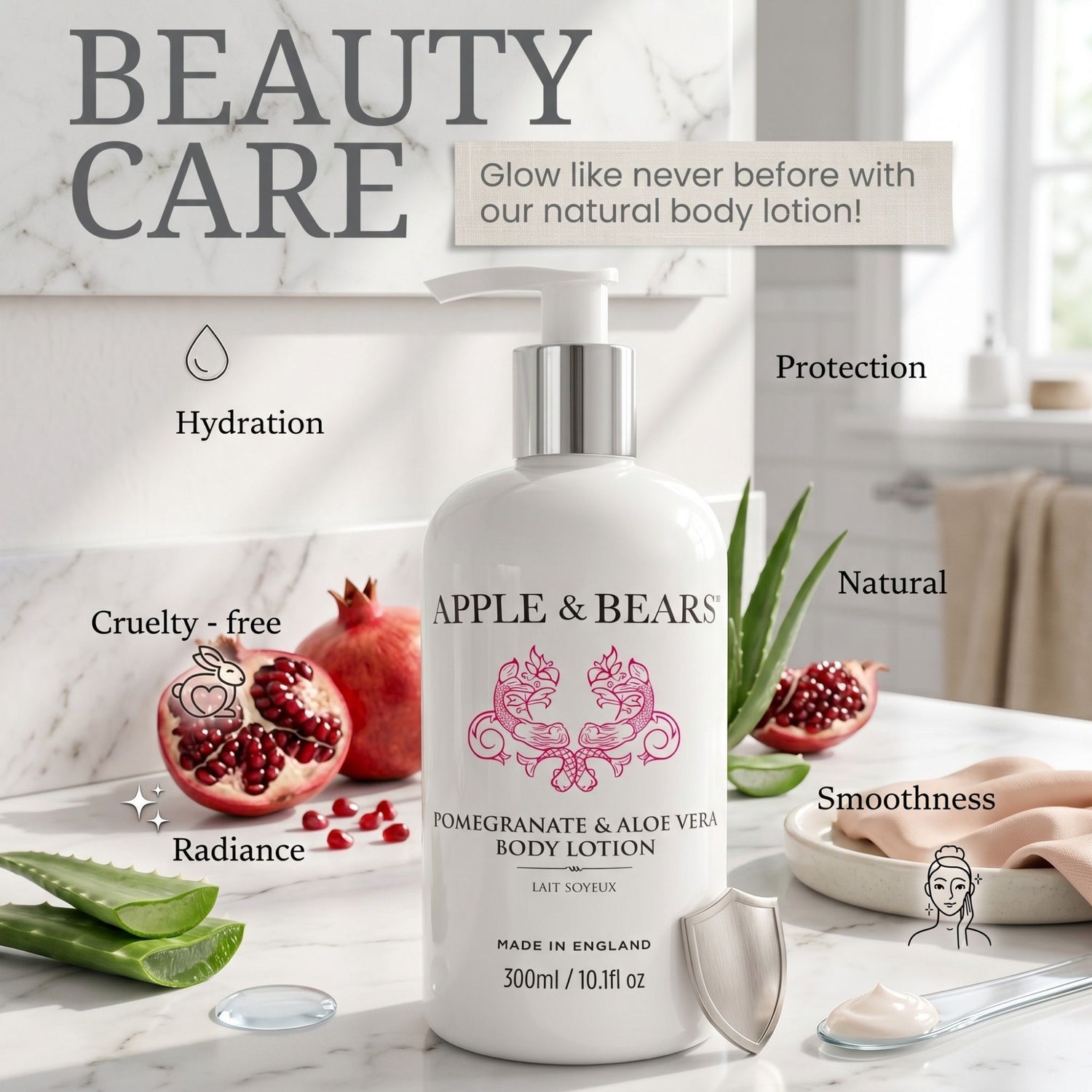 Apple &amp; Bears natural body lotion benefits hydration cruelty-free infographic
