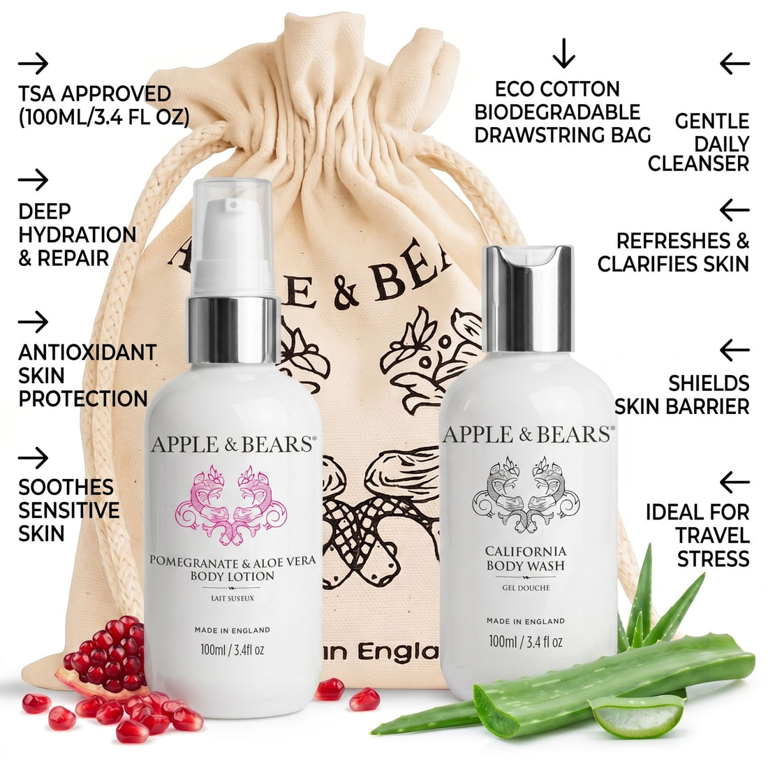 Apple &amp; Bears Pomegranate &amp; Aloe Vera Travel Set – TSA Approved 100ml, Eco Cotton Biodegradable Drawstring Bag, Deep Hydration, Antioxidant Skin Protection, Soothes Sensitive Skin, Made in England