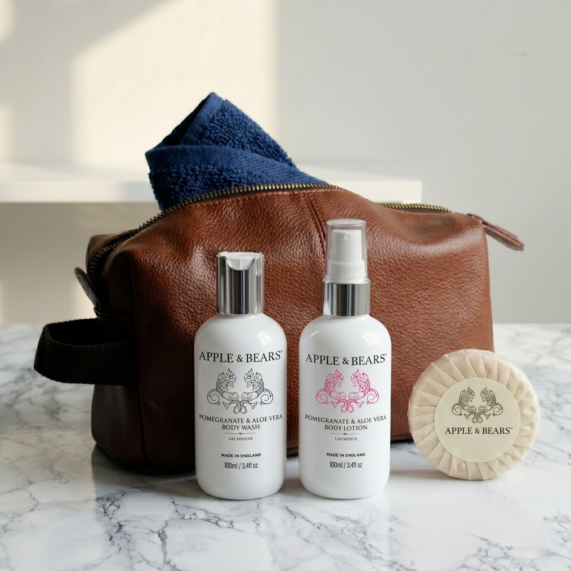 Apple &amp; Bears Pomegranate &amp; Aloe Vera Body Wash &amp; Lotion 100ml packed in a luxury travel wash bag – natural skincare made in England