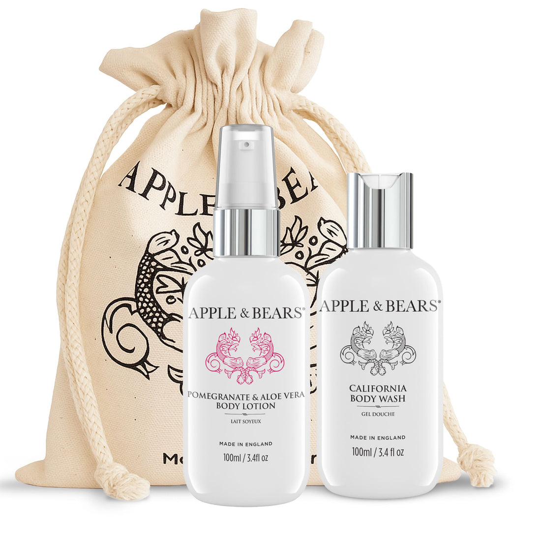 Apple & Bears Pomegranate & Aloe Vera Travel Set ā 100ml Body Wash & Lotion in Eco Cotton Biodegradable Drawstring Bag, Made in England