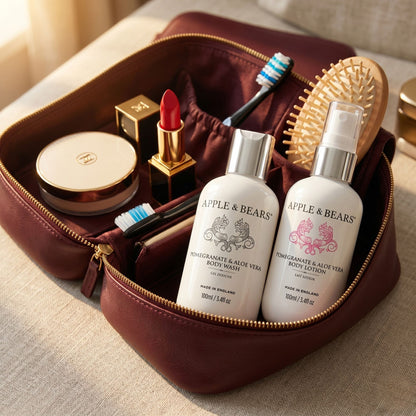 Apple &amp; Bears Pomegranate &amp; Aloe Vera Body Wash &amp; Lotion 100ml packed in a luxury travel wash bag – natural skincare made in England