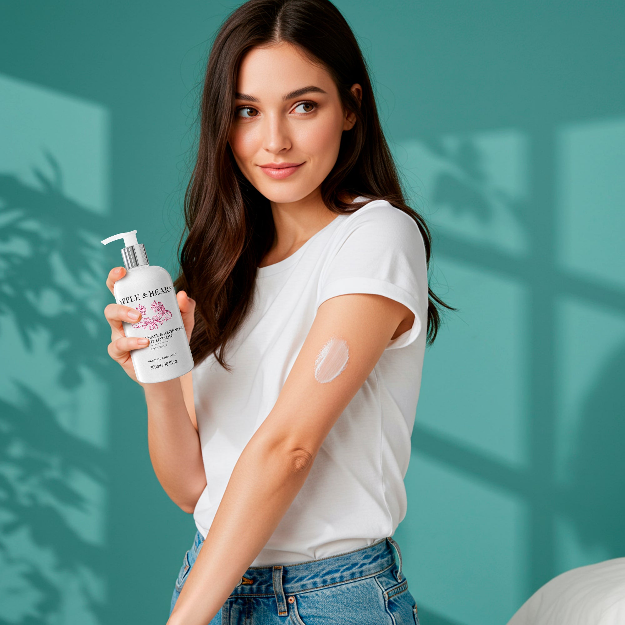 Apple &amp; Bears Pomegranate &amp; Aloe Vera body lotion woman in teal lifestyle
