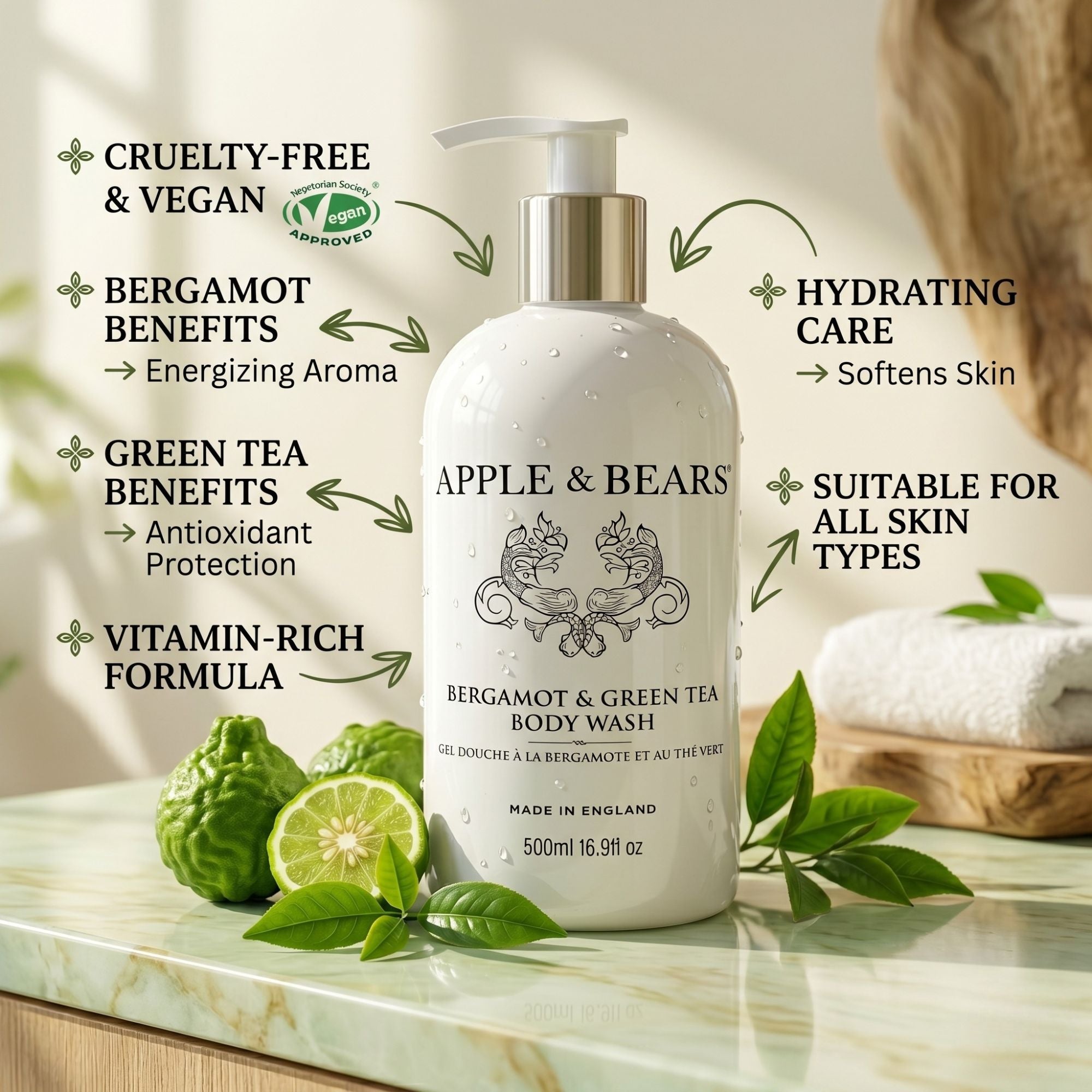 Bergamot &amp; Green Tea body wash 500ml key benefits infographic – Apple &amp; Bears
