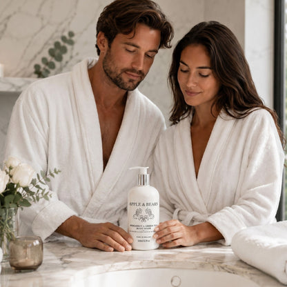 Bergamot &amp; Green Tea body wash 500ml couple in bathrobes holding bottle – Apple &amp; Bears
