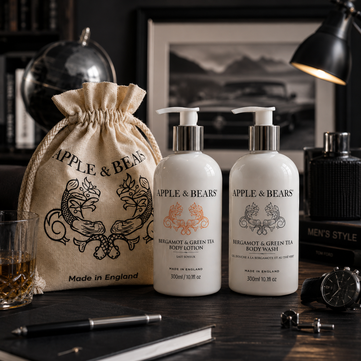 Apple &amp; Bears Bergamot &amp; Green Tea Body Wash &amp; Lotion 300ml Gift Set for Men with eco cotton drawstring bag, Made in England