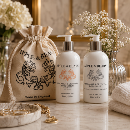 Apple &amp; Bears Bergamot &amp; Green Tea Body Wash &amp; Lotion 300ml Gift Set for Women with eco cotton drawstring bag on marble dressing table, Made in England