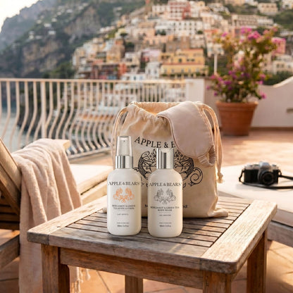 Apple &amp; Bears Bergamot &amp; Green Tea Body Wash &amp; Body Lotion Travel Gift Set 100ml/3.4 fl oz with eco cotton drawstring bag on luxury Amalfi Coast terrace, Made in England