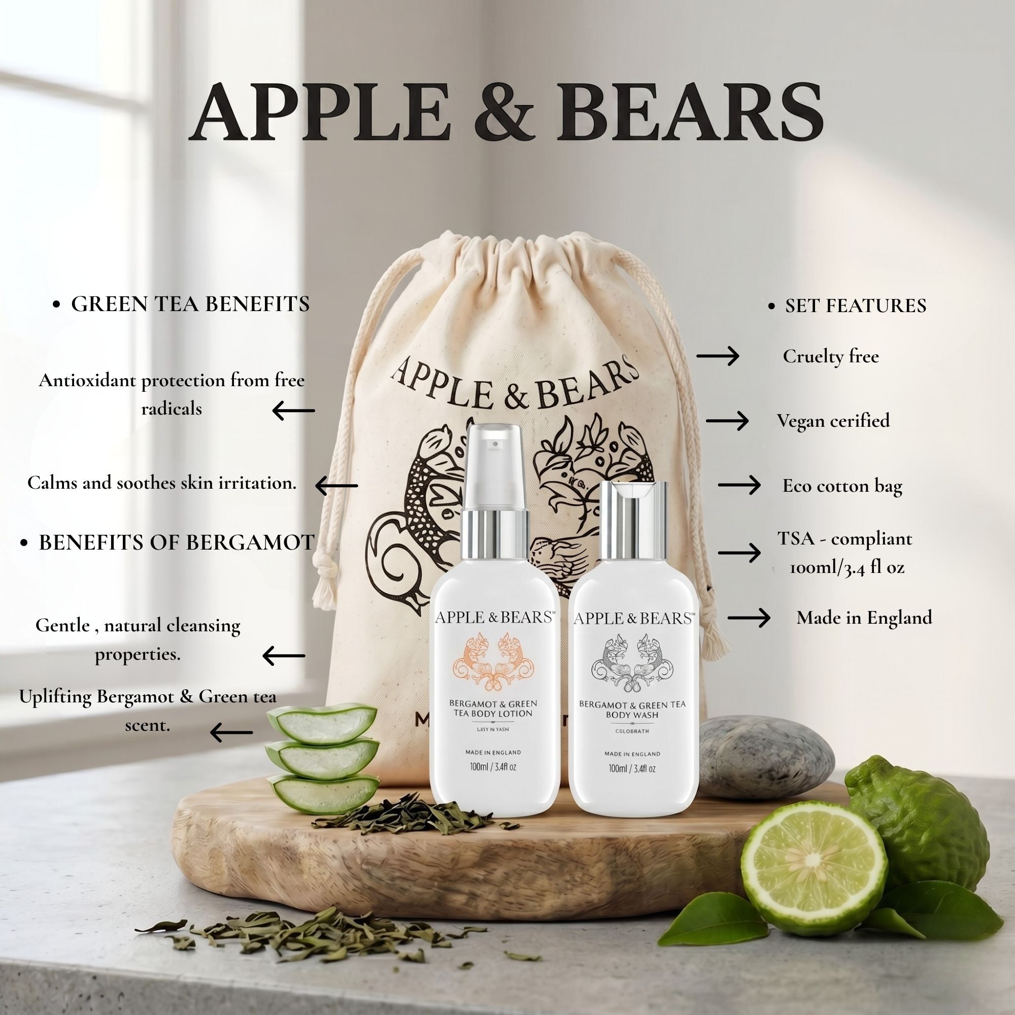 Apple &amp; Bears Bergamot &amp; Green Tea Travel Gift Set key benefits – Green Tea antioxidant protection, Bergamot cleansing, cruelty-free vegan, eco cotton bag, TSA-compliant 100ml/3.4 fl oz, Made in England