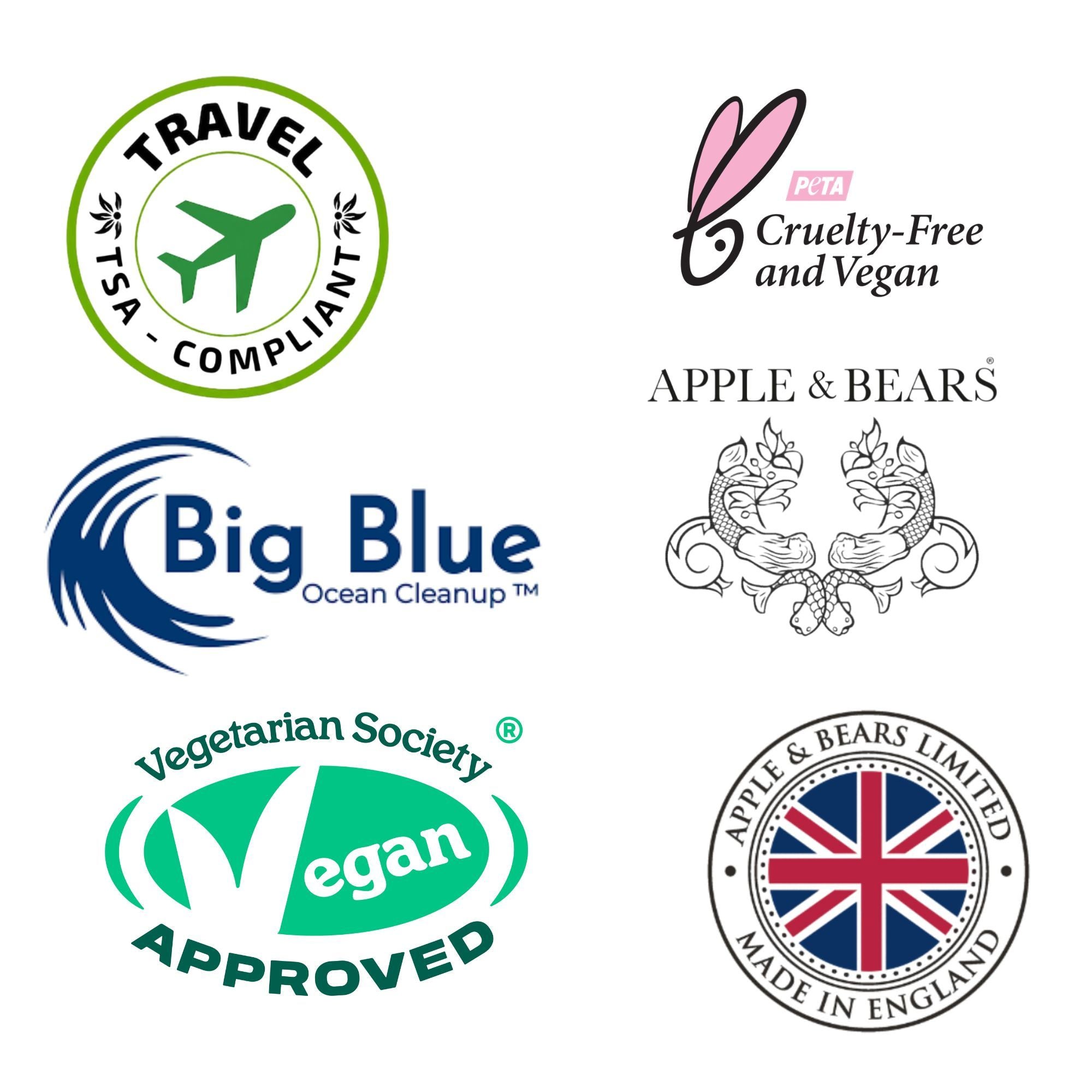 Apple &amp; Bears certifications – TSA Compliant, PETA Cruelty-Free Vegan, Big Blue Ocean Cleanup, Vegetarian Society Vegan Approved, Made in England

