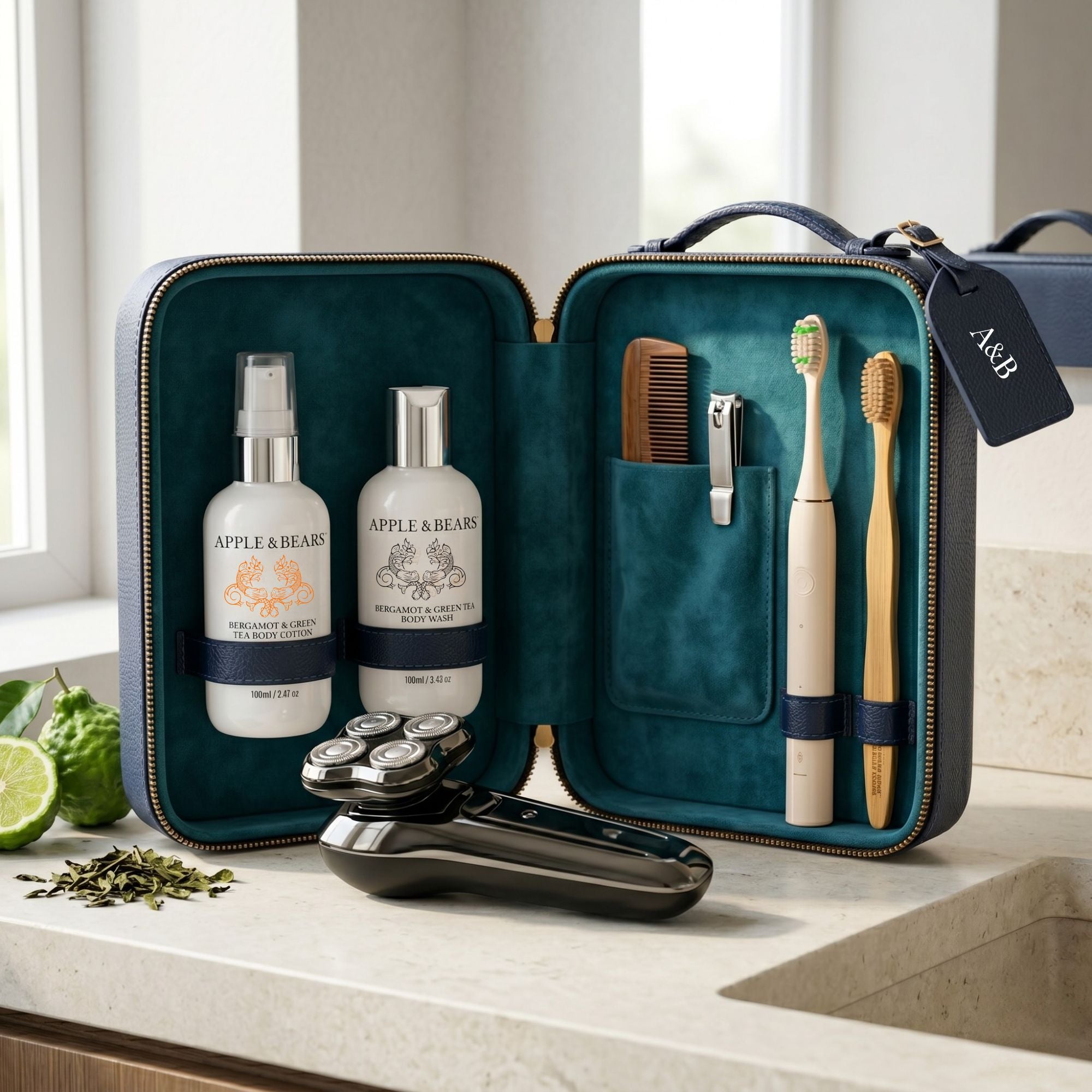 Apple &amp; Bears Bergamot &amp; Green Tea Travel Gift Set 100ml/3.4 fl oz displayed in open teal leather dopp kit with grooming accessories, Made in England