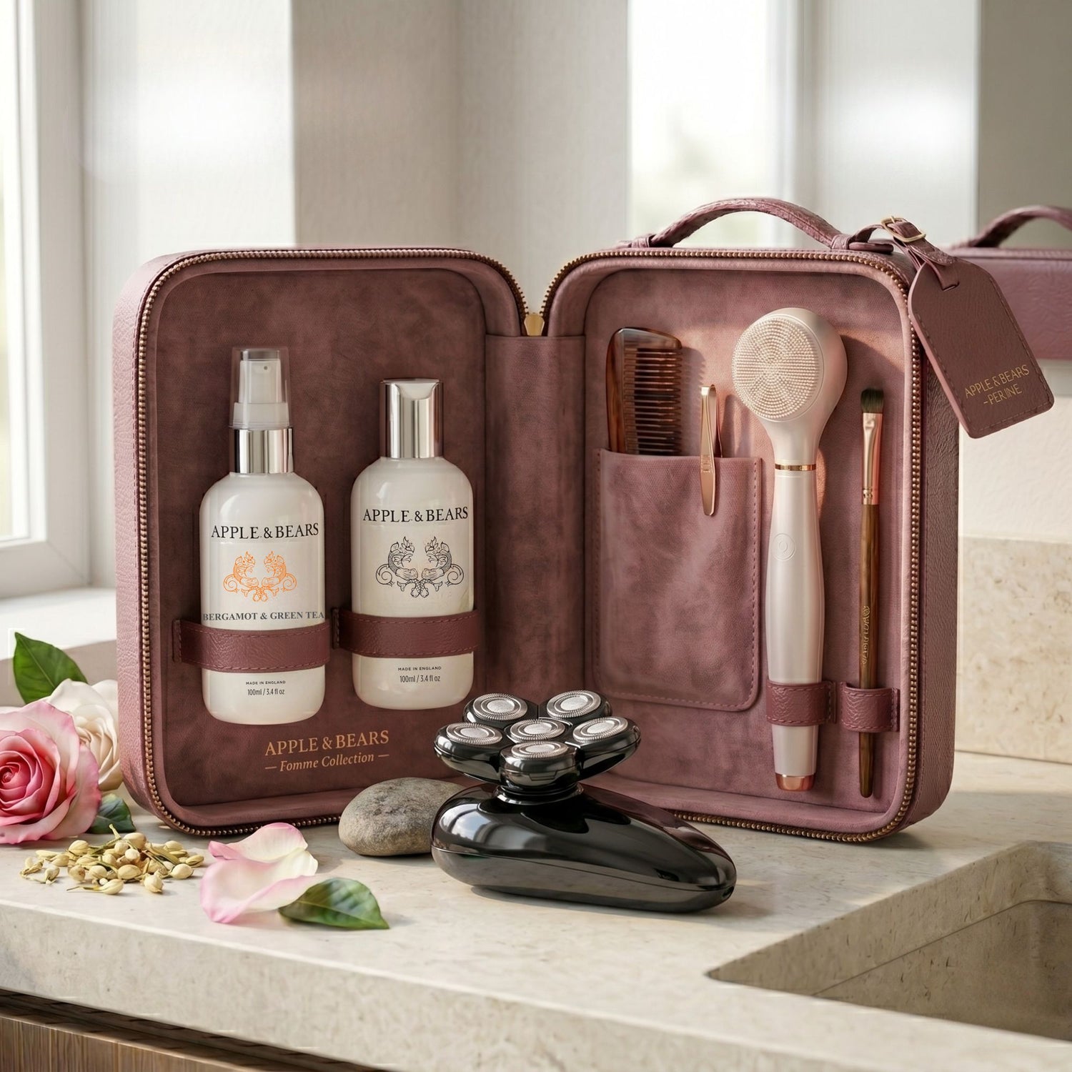 Apple &amp; Bears Bergamot &amp; Green Tea Travel Gift Set 100ml/3.4 fl oz displayed in open brown leather travel case with beauty accessories, Made in England