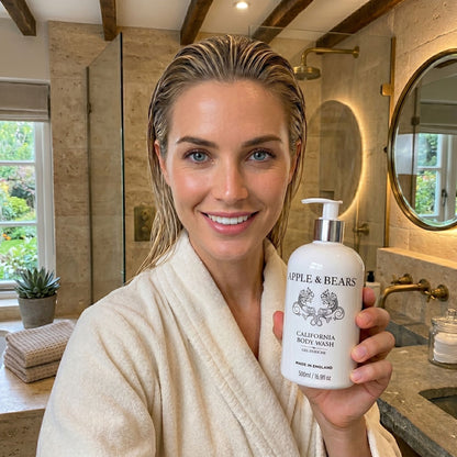 Woman using Apple &amp; Bears California Body Wash 500ml – luxury natural body wash, vegan approved, made in England
