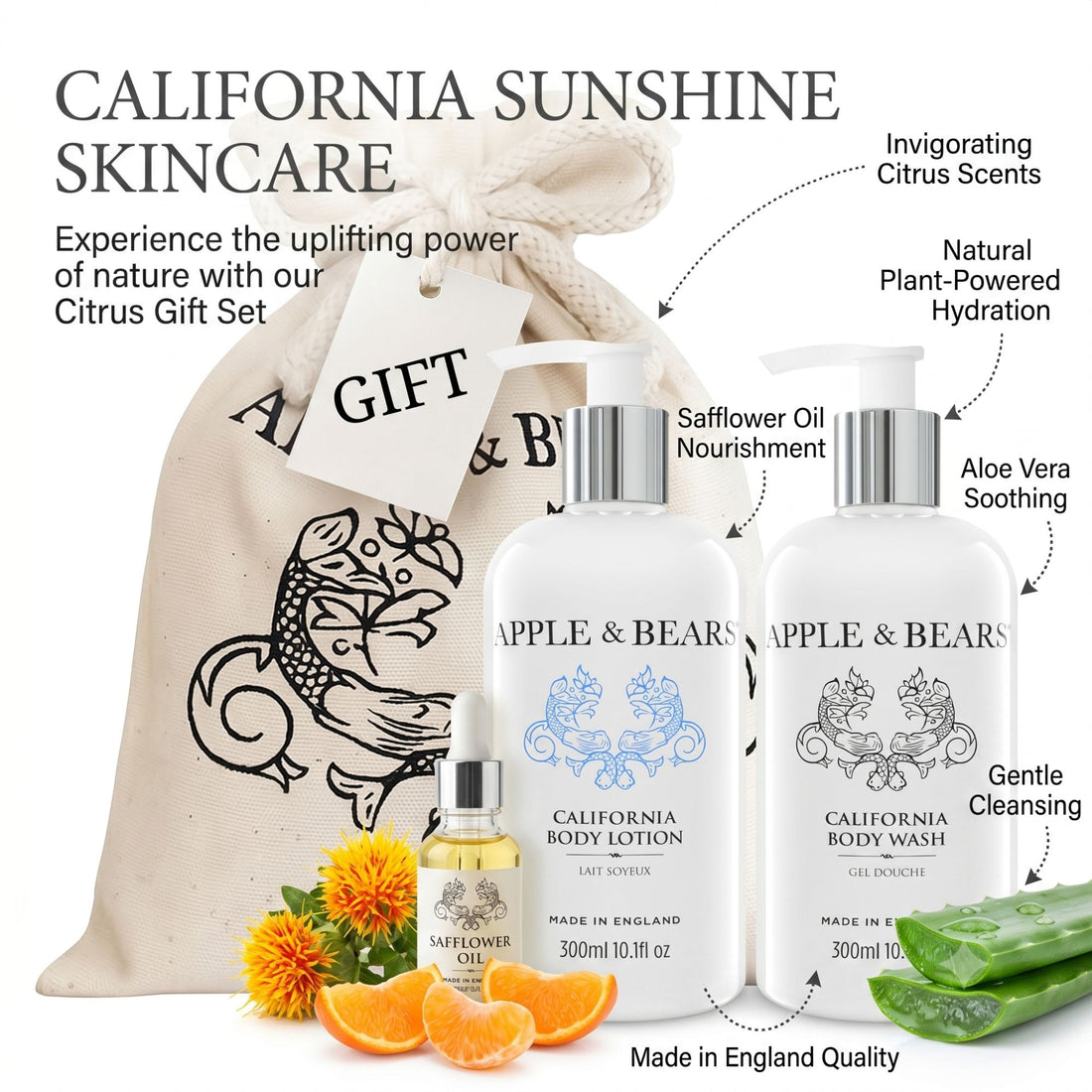 Apple &amp; Bears California Gift Set benefits infographic
