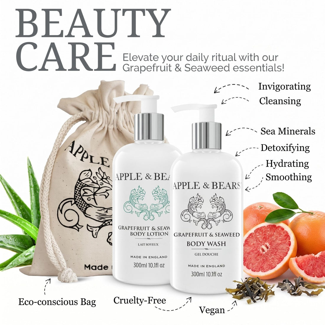 Apple &amp; Bears Grapefruit &amp; Seaweed Gift Set benefits infographic
