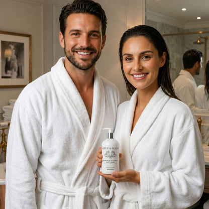 Grapefruit &amp; Seaweed body wash 500ml couple in bathrobes holding bottle – Apple &amp; Bears
